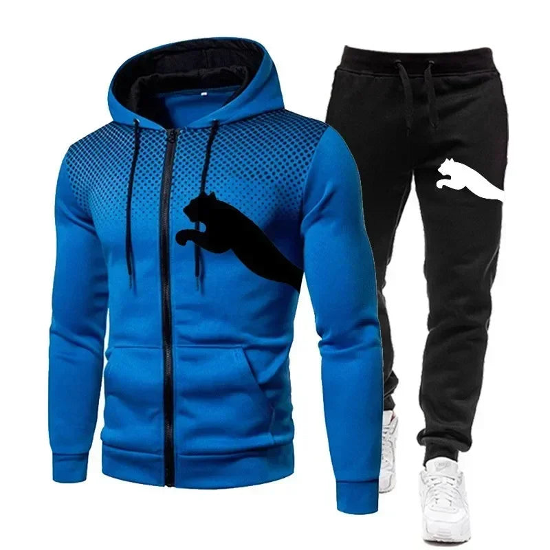 The features of men's outdoor casual sportswear are fashionable, with hooded zippered jackets, sweatshirts and sportswear pants