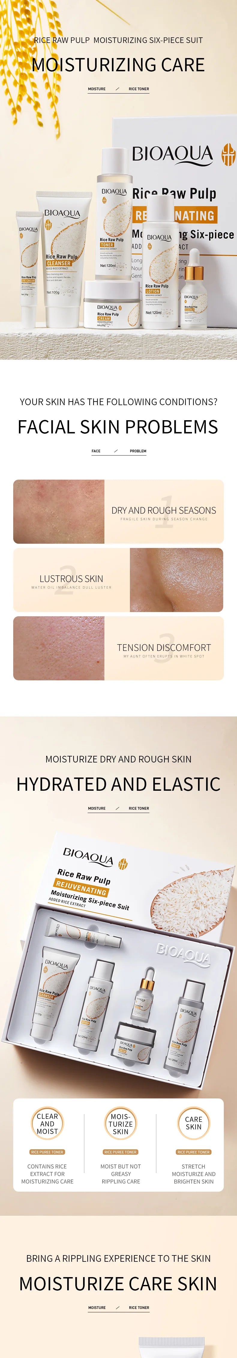 6pcs/lot BIOAQUA Rice Raw Pulp Skin Care Set Face Cream Serum Firming Moisturizing Facial Cleanser Toner Korean Face Care
