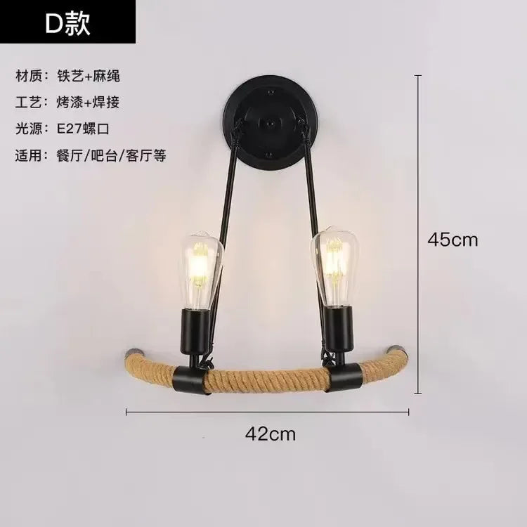 Bedside bedroom decorative wall lamp retro staircase hallway iron hemp rope lamp American industrial style Sconce lamp