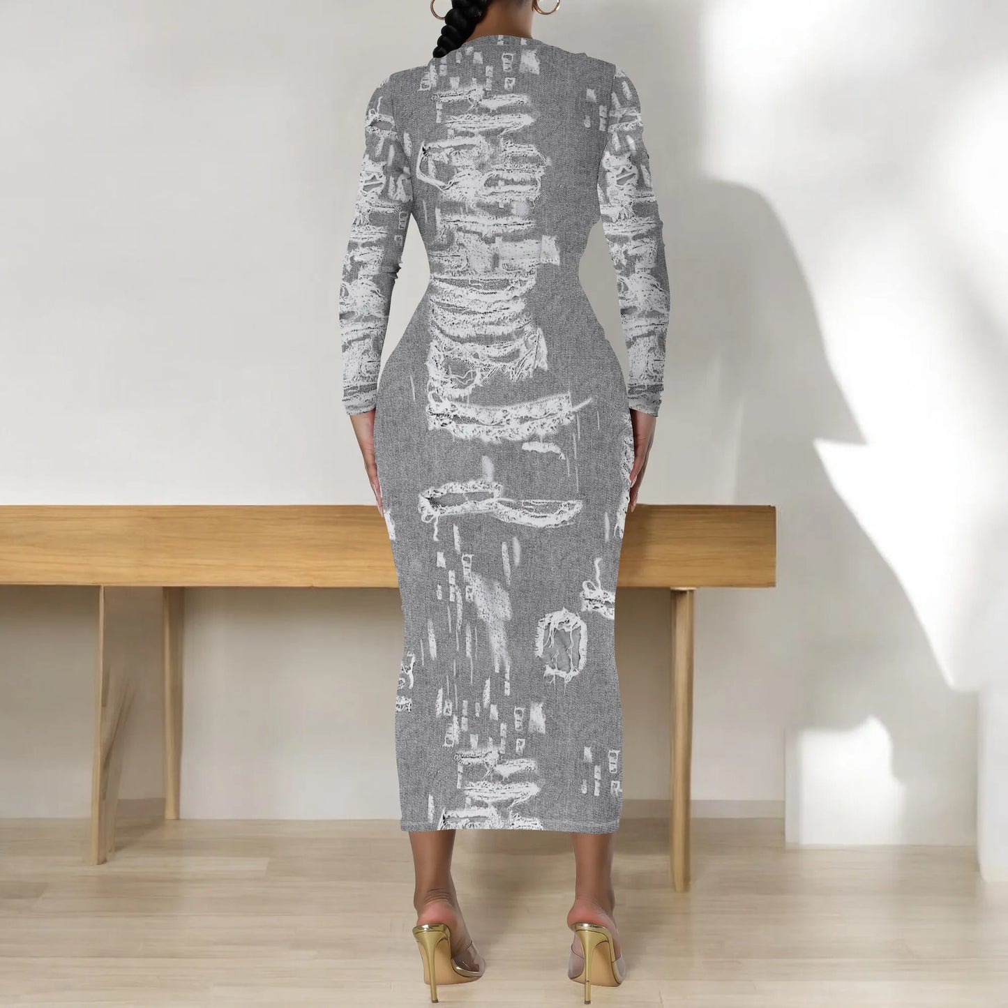 European and American women's fashion temperament casual print slim black dress