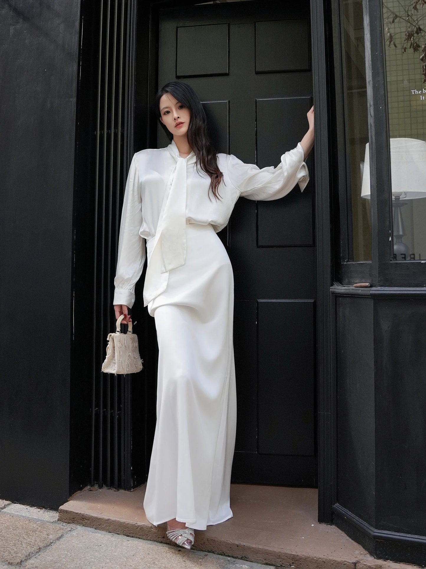 Women's Fashion Trend Sexy Goddess Level Satin Silk Feeling Floor Dragging White Fishtail Skirt Half Skirt Long Sleeved Silk Top