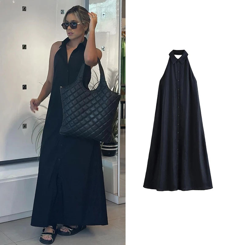 Women's 2025 New Dresses Summer Chic Elegant Loose Hanging Neck Long Dress Women's Holiday Street Fashion Youth Dress