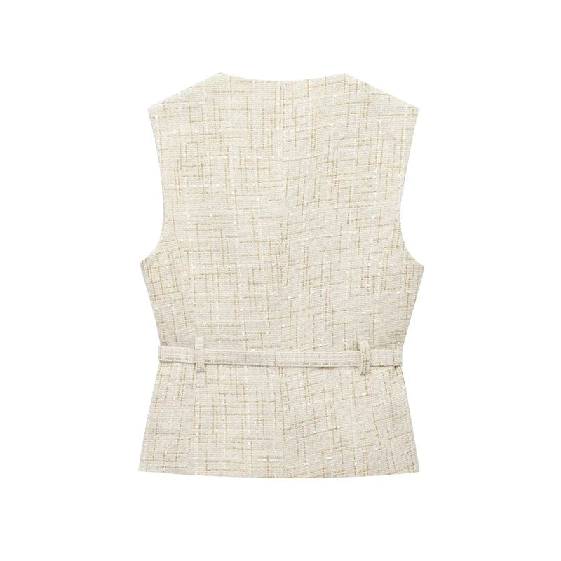 Women's Tweed Waistcoat Fashion with Belt O NeckSleeveless Vests Female Outerwear Chic Tops SwiftNest
