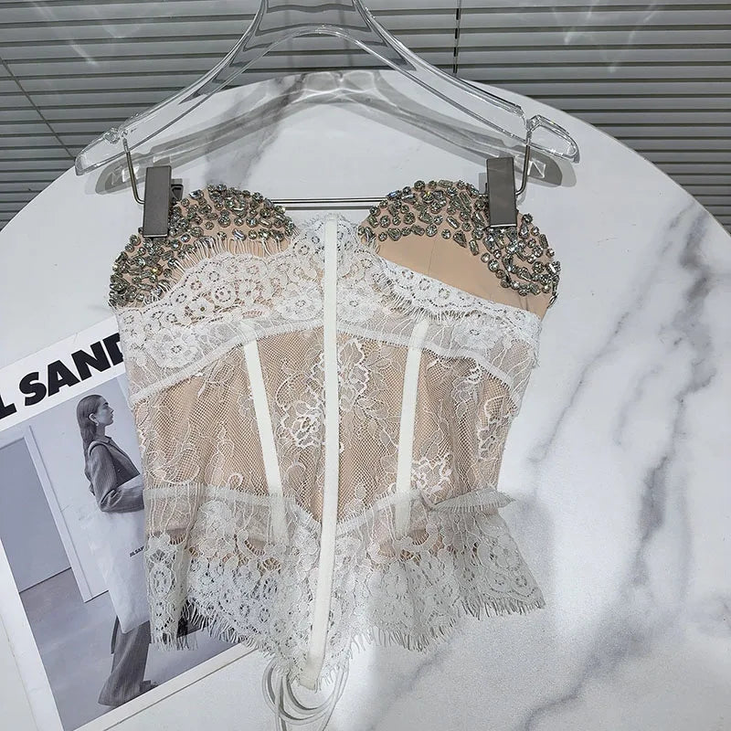 Women Versatile Fashion Outwear Vest 2025 Summer New Heavy Industry Rhinestone Nail Drill Fishbone Strapless Camisole