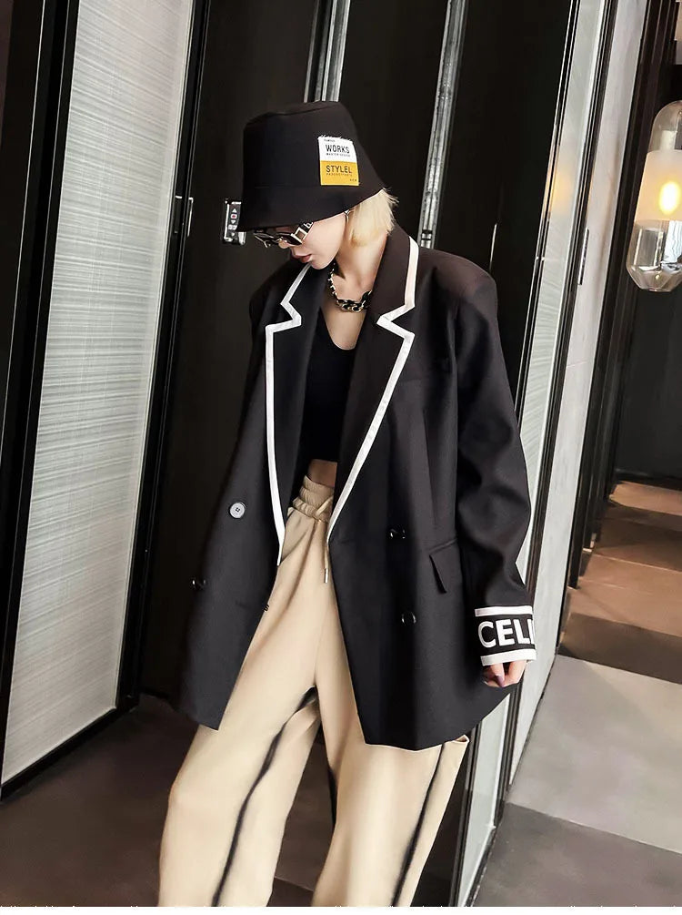 Women Fashion Jacket Wedding Casual Business High Quality Black Blazer Suit Coat Ladies Double Breasted Letter Long Sleeve Tops