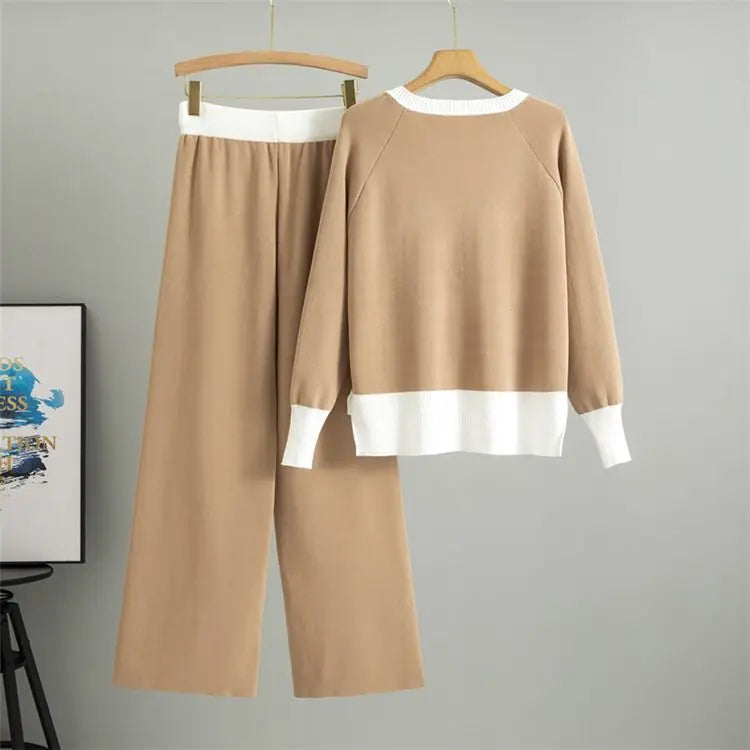 Fashionable Casual Suit for Women 2025 Spring and Autumn V-neck Contrasting Sweater Loose Wide-leg Pants Two-piece Set