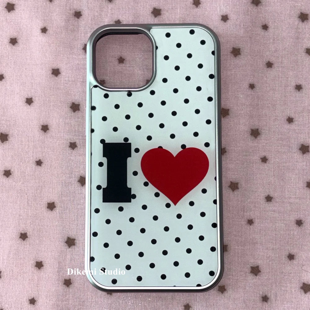 Korean Ins Black White Polka Dot Cute Red Love Kawaii Phone Case For iPhone 16 E 15 14 13 12 11 Pro Max XR XS 7 8 Plus Y2K Cover