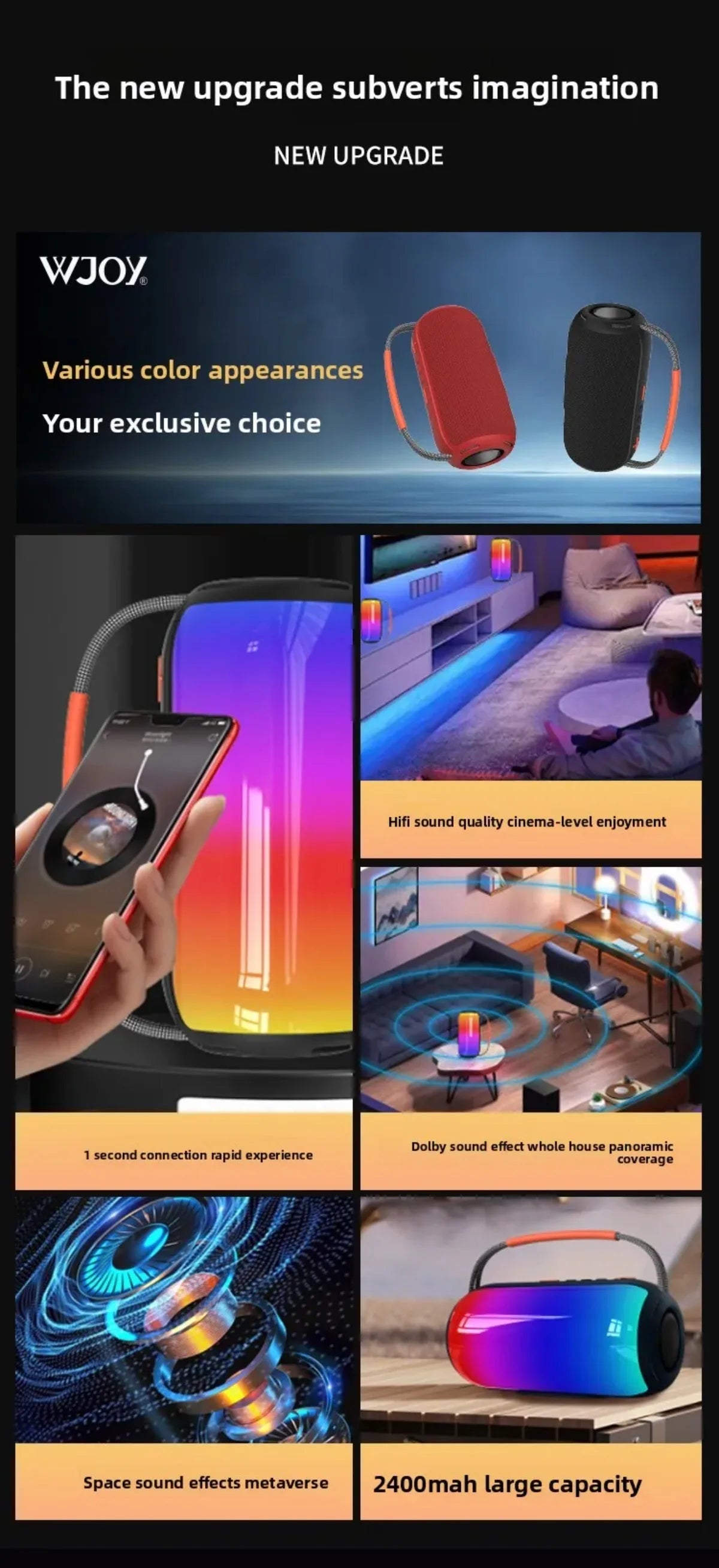 30W Bluetooth Speaker with Breathing Lamp Supports 2Pcs Tandem Portable Subwoofer Spatial Sound Effects 2400mAh Large Battery