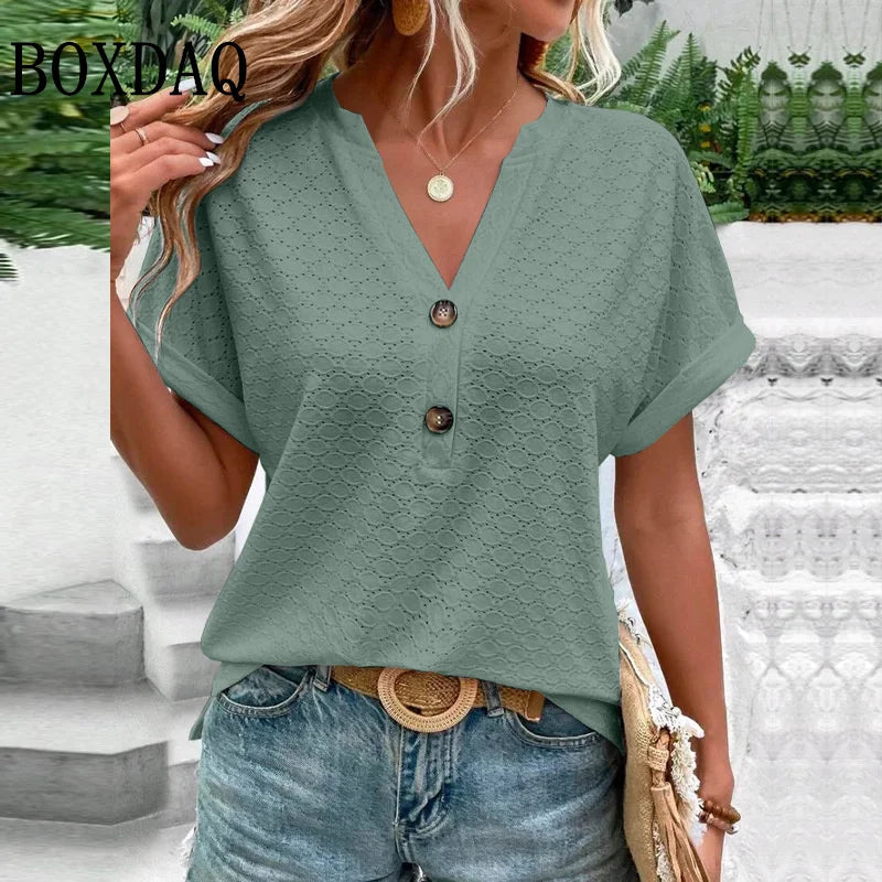 Women Summer Trendy Simple Casual Fashion Button T Shirt V Neck Short Sleeve Solid Loose Pullover Tops Plus Size Ropa De Mujer