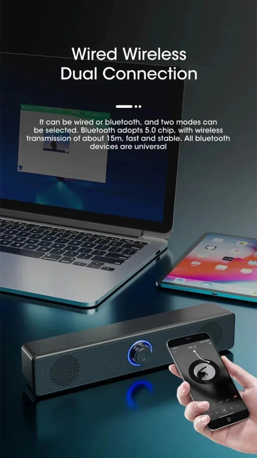 Bluetooth Computer Soundbar Speaker With Dual Speakers Powerful Bass Wired/Wireless Connection For PC Laptop Desktop