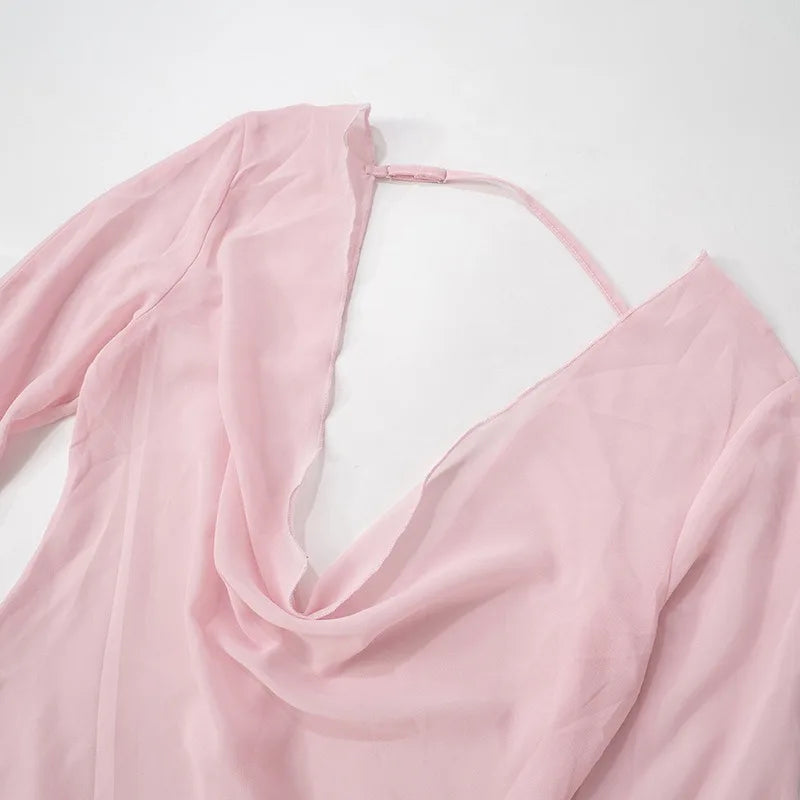 Women Dresses Autumn New Pink See Sexy Through Backless Low Chest Mini Dress Streetwear Fashion Lace-up Long Sleeves Lady Dress SwiftNest