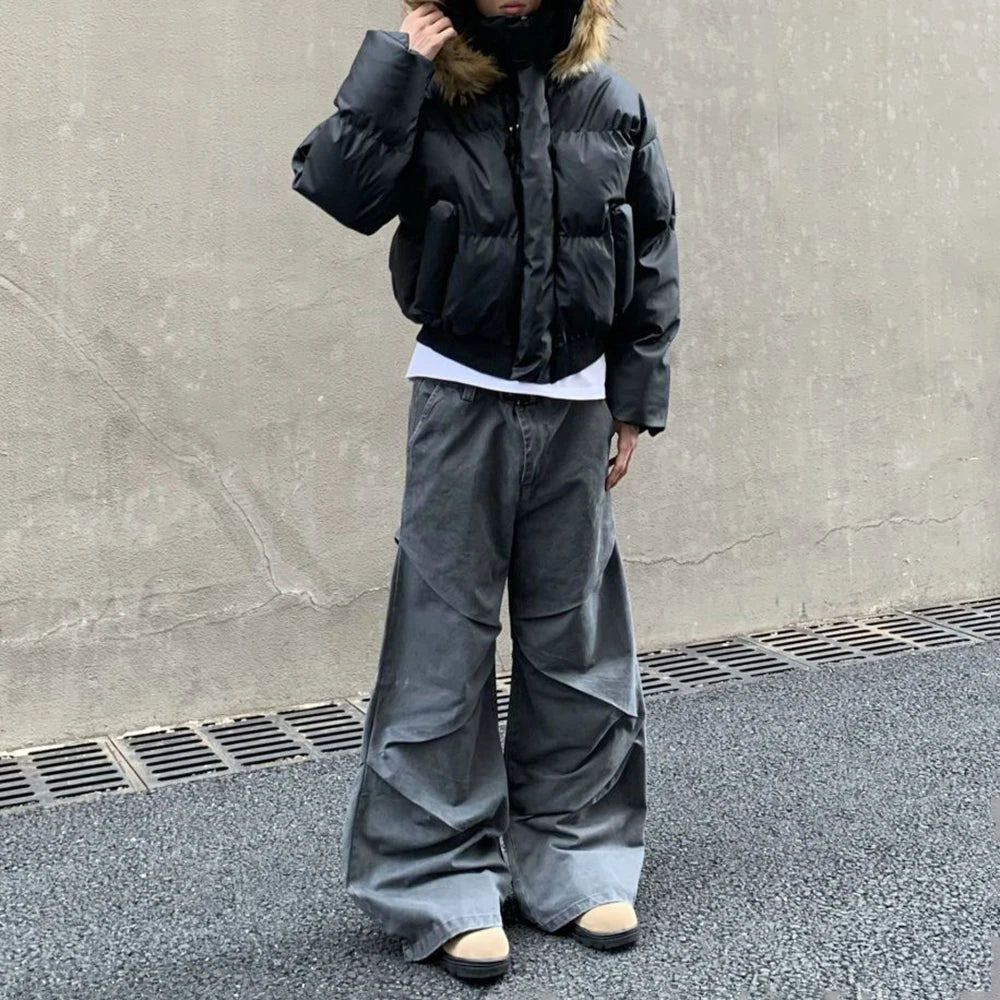 معطف رجالي من القطن بياقة من الفرو وغطاء للرأس لفصل الخريف والشتاء، معطف سميك أمريكي متقدم، جاكيت قصير للرجال من Y2K