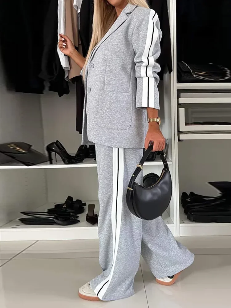 طقم نسائي كاجوال من قطعتين لخريف وشتاء، لون سادة، معطف بليزر بأكمام طويلة، خصر مرتفع، ساق مستقيمة، بنطال بدلة