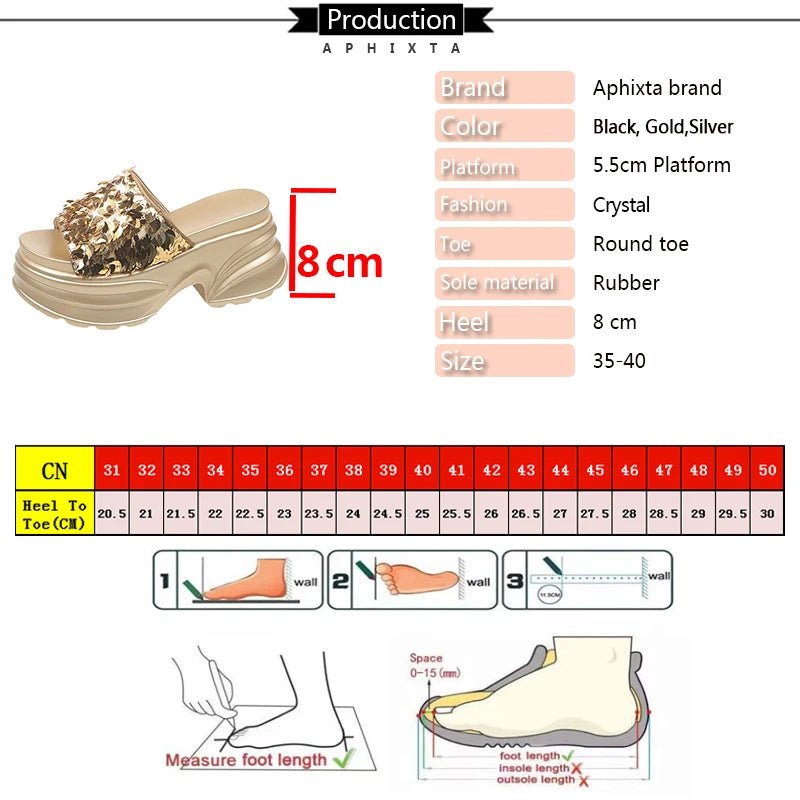 Aphixta Platform Sequined Cloth Sandals Slippers Women 8CM High Wedge Slides Women Shoes Gold Beach Slides Shoes