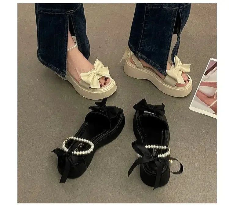 Comfort Shoes for Women Pearl Sandals Suit Female Beige Increasing Height Block Heels All-Match Black Bow 2024 Fashion Chunky Gi
