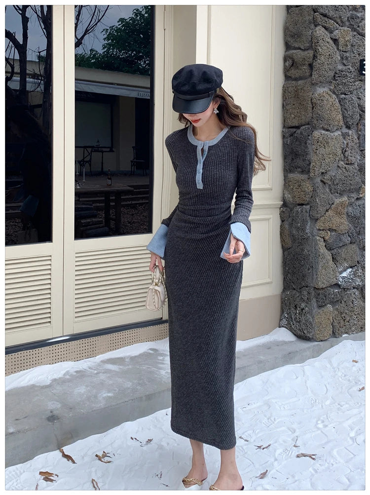 2025 Spring New Women Fashion Casual O-neck Party Dresses Ladies French Elegant Slim Waist Knitted Long Dress Vestidos Longos