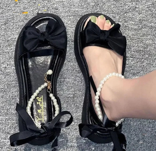Comfort Shoes for Women Pearl Sandals Suit Female Beige Increasing Height Block Heels All-Match Black Bow 2024 Fashion Chunky Gi