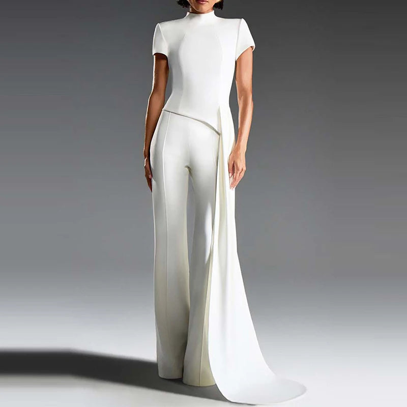 Women Elegant Commuting 2Pc Suit Fashion Stand Collar Solid Color Irregular Set Casual Short Sleeve Pullover & Long Pant Outfits