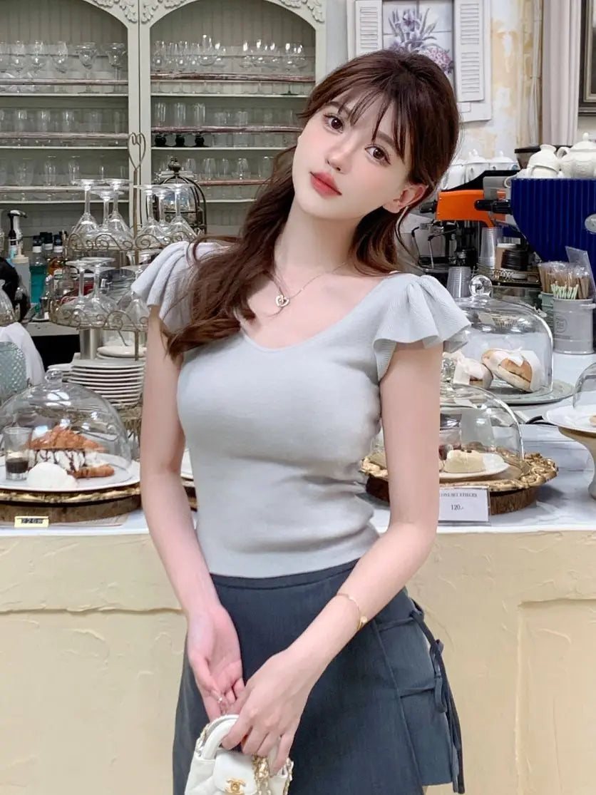 Women Clothes Summer Casual Fashion Simplicity Solid Color V-neck Tops Women's Trend All-match Sweet Temperament Slim T-Shirt SwiftNest