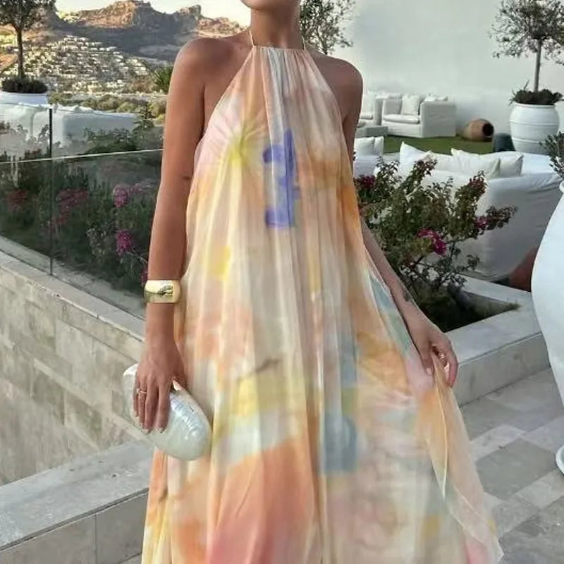 Women Fashion Pattern Print Loose Bohemian Dress Sexy Backless Hollow Party Dress Elegant Halter Sleeveless Vacation Long Dress