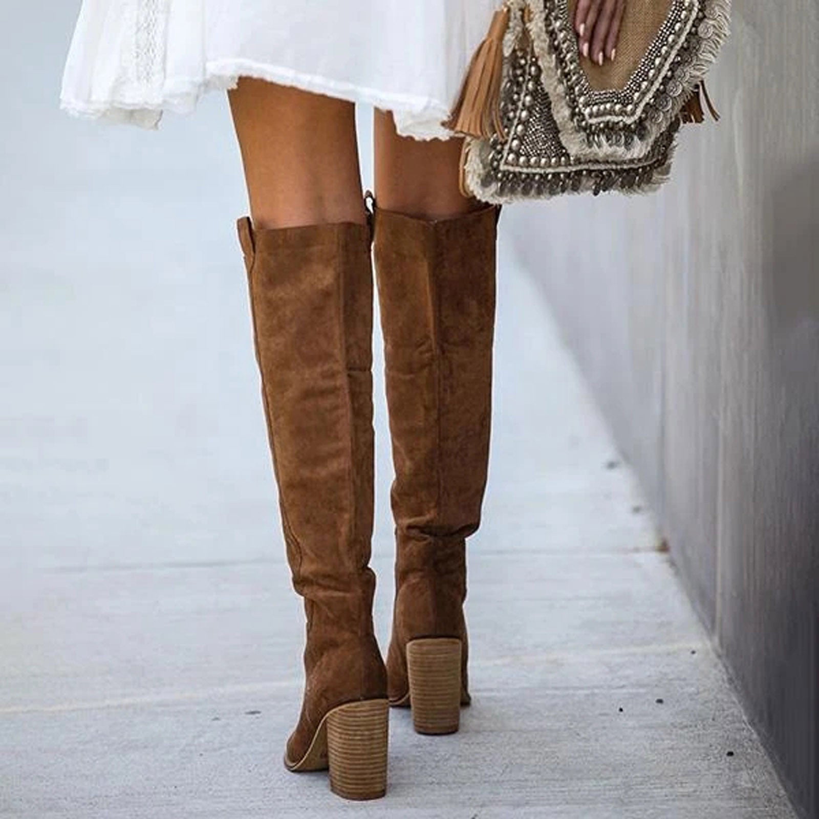 Winter Women Shoes Sexy High Pointed Toe Solid Color Slip-On Flock Warm Over The Knee Boots Ladies Mature Party Elegant Boots