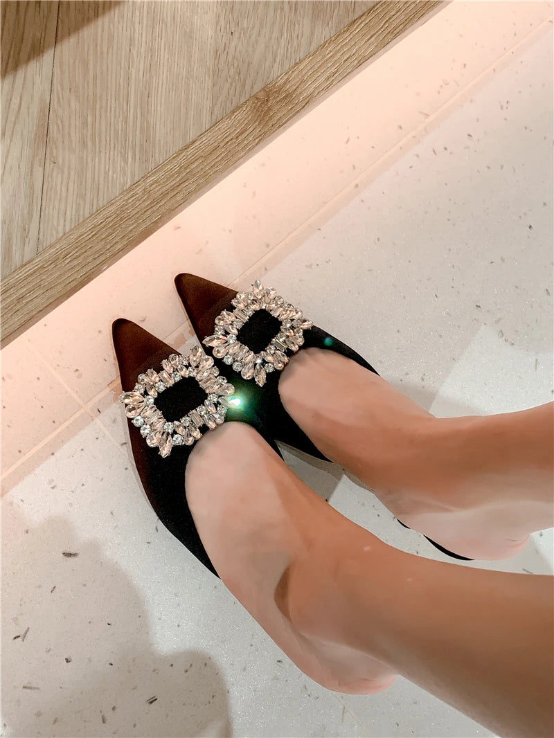 Drestrive 2022 Fashion Mules Crystal Knot Pointed Toe Women's Pumps Thin High Heel Summer Shoes Purple Dress Satin