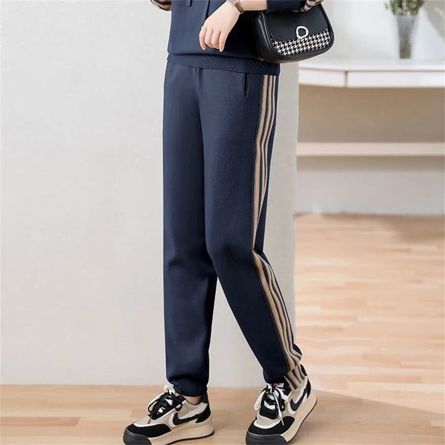 Fashion Autumn Women 2 Pieces Sets Casual Hooded Patchwork Loose Knitted Sweater Sports Harlan Pants Suits Winter Sportswear SwiftNest