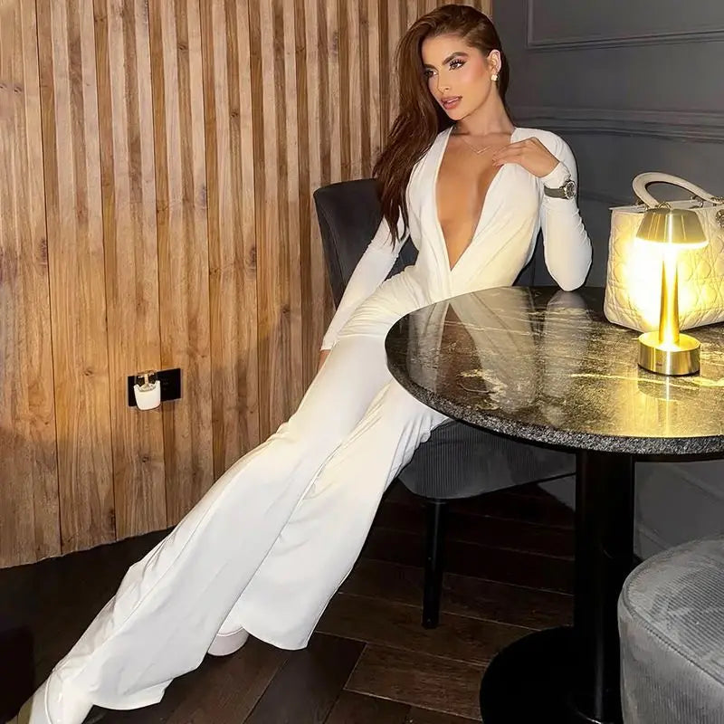 Women's Clothing 2025 Autumn Solid Color Long-sleeved Deep V-neck Fashion Pleated Slim-fit Jumpsuit