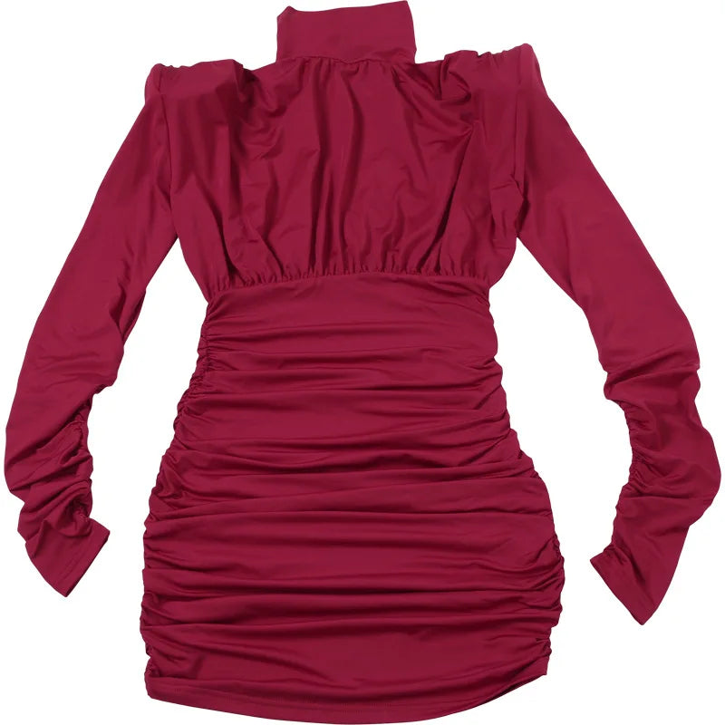 ملابس نسائية خريف وشتاء 2025 موضة جديدة بمزاج عالي الرقبة مطوي الخصر نحيف ملفوف حول الورك فستان بأكمام طويلة للنساء