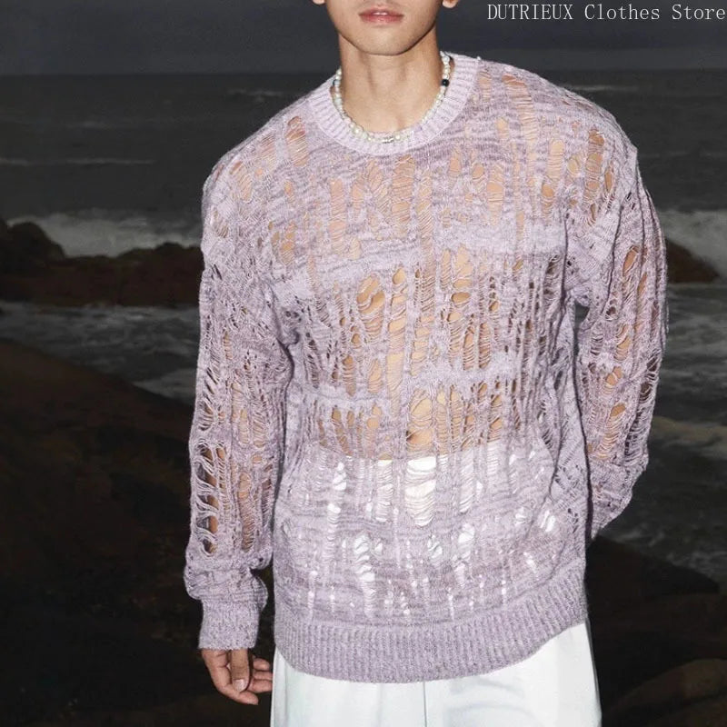 【 Fashion Items 】 Men's Laid-back Style Openwork Long-sleeved T-shirt , See-through Tattered Style Long-sleeved Knitted Sweater