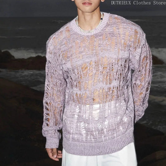 【 Fashion Items 】 Men's Laid-back Style Openwork Long-sleeved T-shirt , See-through Tattered Style Long-sleeved Knitted Sweater