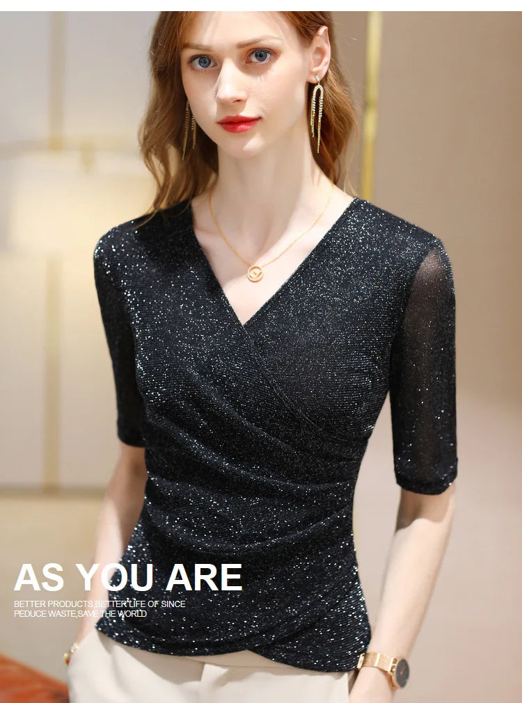 Women's Clothing 2022 Latest Fashion Blouses Elegant Summer T Shirt Free Shiping Elastic Glitter Blouses or Tops for Woman
