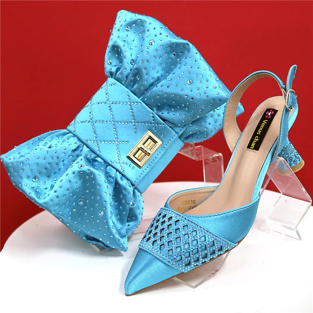 Latest Women Italian Shoes and Matching Bags Decorated with Rhinestone Elegant Pointed Toe Wedding Shoes Bride