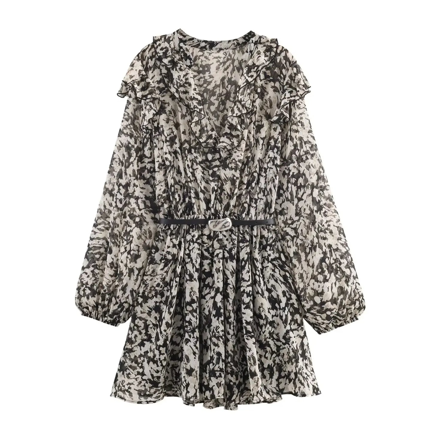 Women Fashion Printed Dress With Belt female Mini Dress Ruffles Short Dresses lady V-neck Long Sleeve Dress Elegant Party Dress