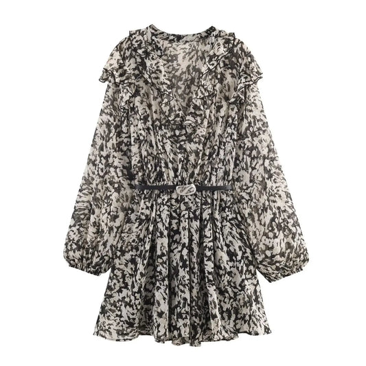 Women Fashion Printed Dress With Belt female Mini Dress Ruffles Short Dresses lady V-neck Long Sleeve Dress Elegant Party Dress