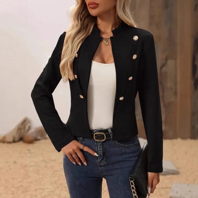 Women's Fashion Stand Neck Long Sleeve Jacket Short Coat Ladies Casual Solid Slim Double-breasted Blazer Elegant Lady Jackets SwiftNest