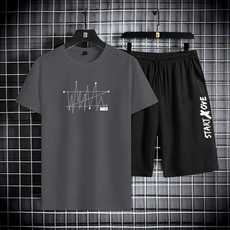 2025 Summer Outdoor Sports Suit Men's Short-sleeved Shorts Casual Fashion Two-piece Set Breathable Quick-drying Fitness Clothes