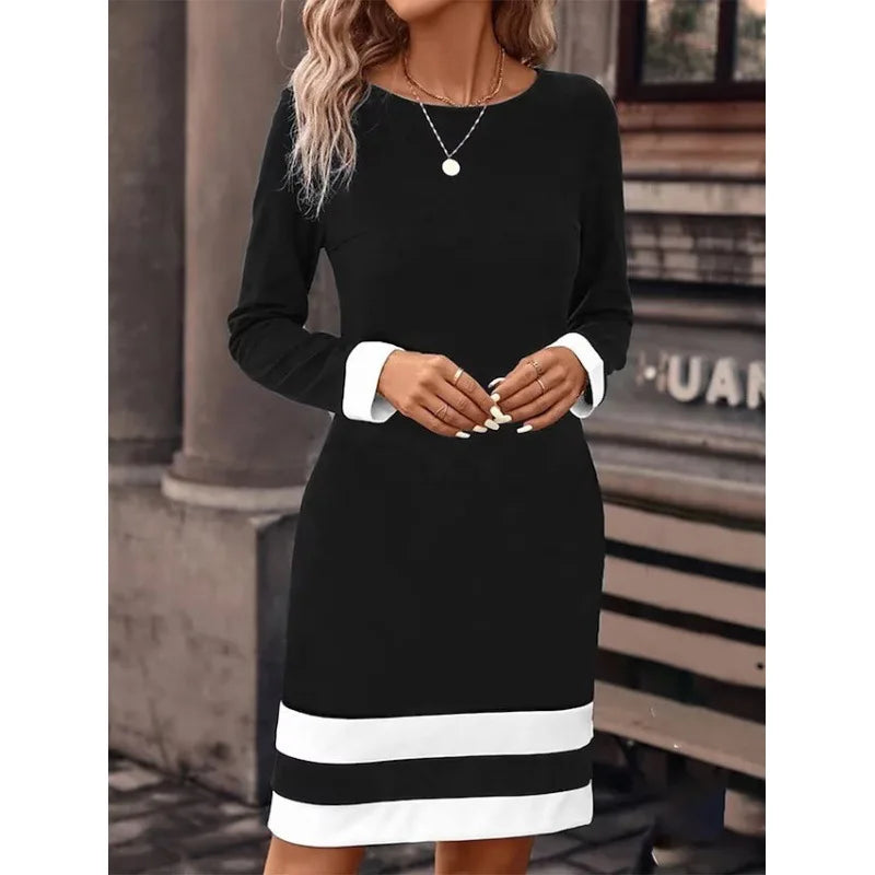 Women's New Autumn Winter Fashion Sexy Tight Fitting Color Blocked Dress Long Sleeved Round Neck Women's Clothing