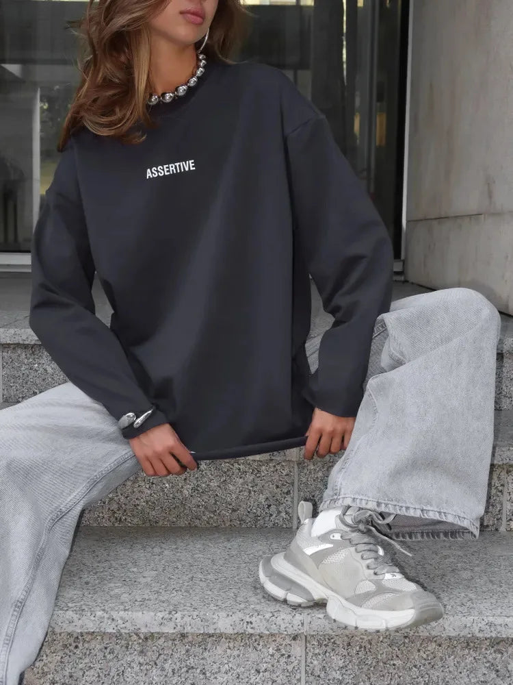 Women's Clothing Spring Loose Solid Color Round Neck Long Sleeve Tops Casual Fashion Simple Style All-match Trendy Comfortable