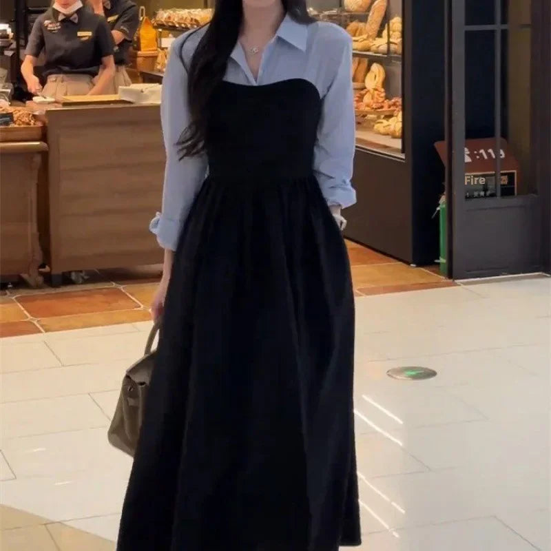 Women's Fashion Two-piece Illusionshirt Black Long Sleeve Dress High-end Feel Matching Set