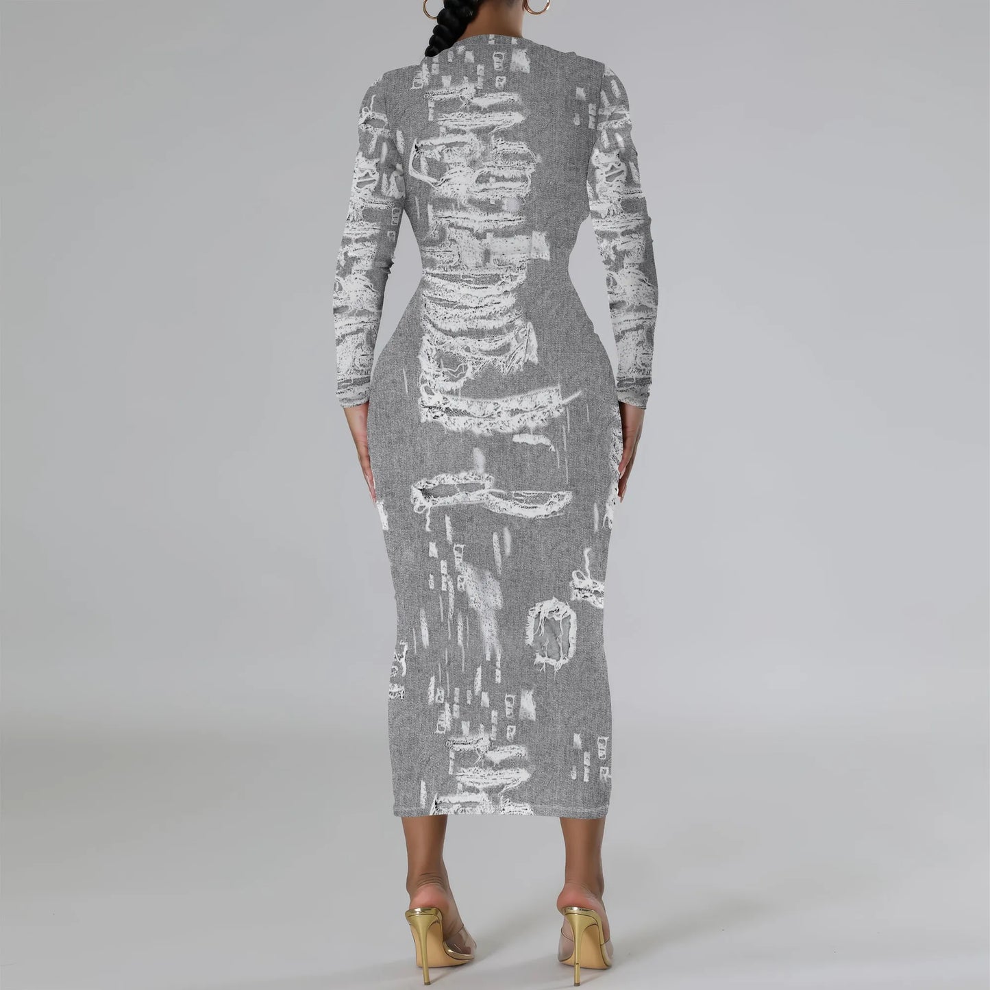 European and American women's fashion temperament casual print slim black dress