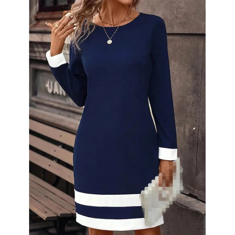 Women's New Autumn Winter Fashion Sexy Tight Fitting Color Blocked Dress Long Sleeved Round Neck Women's Clothing