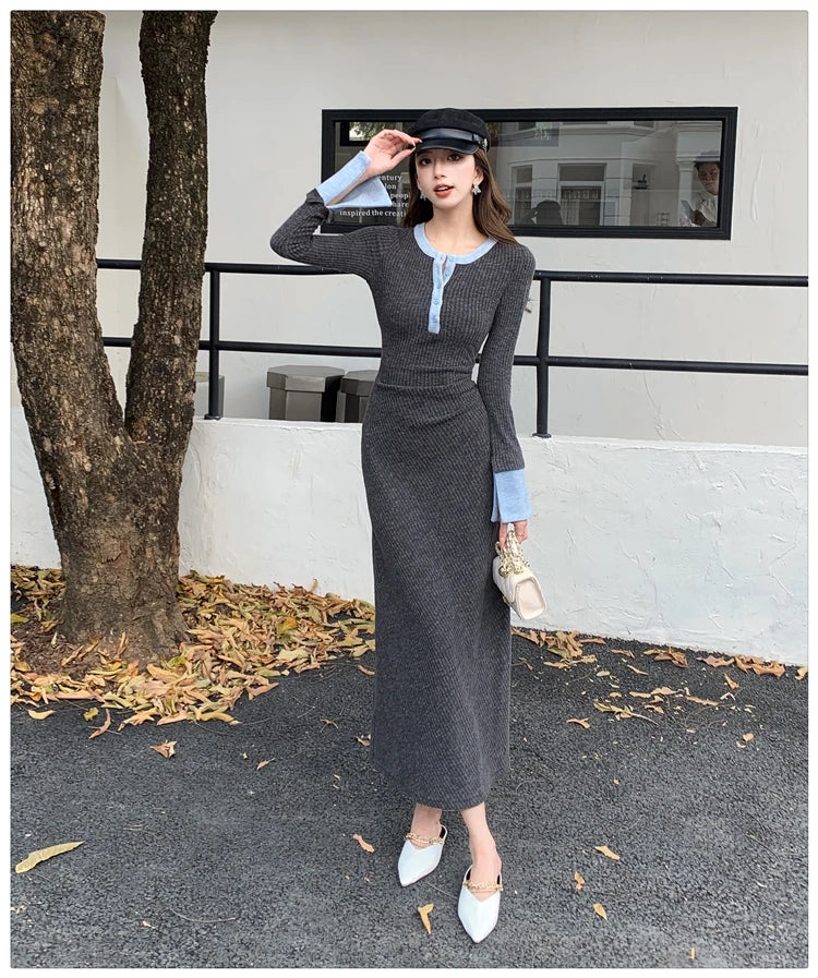 2025 Spring New Women Fashion Casual O-neck Party Dresses Ladies French Elegant Slim Waist Knitted Long Dress Vestidos Longos