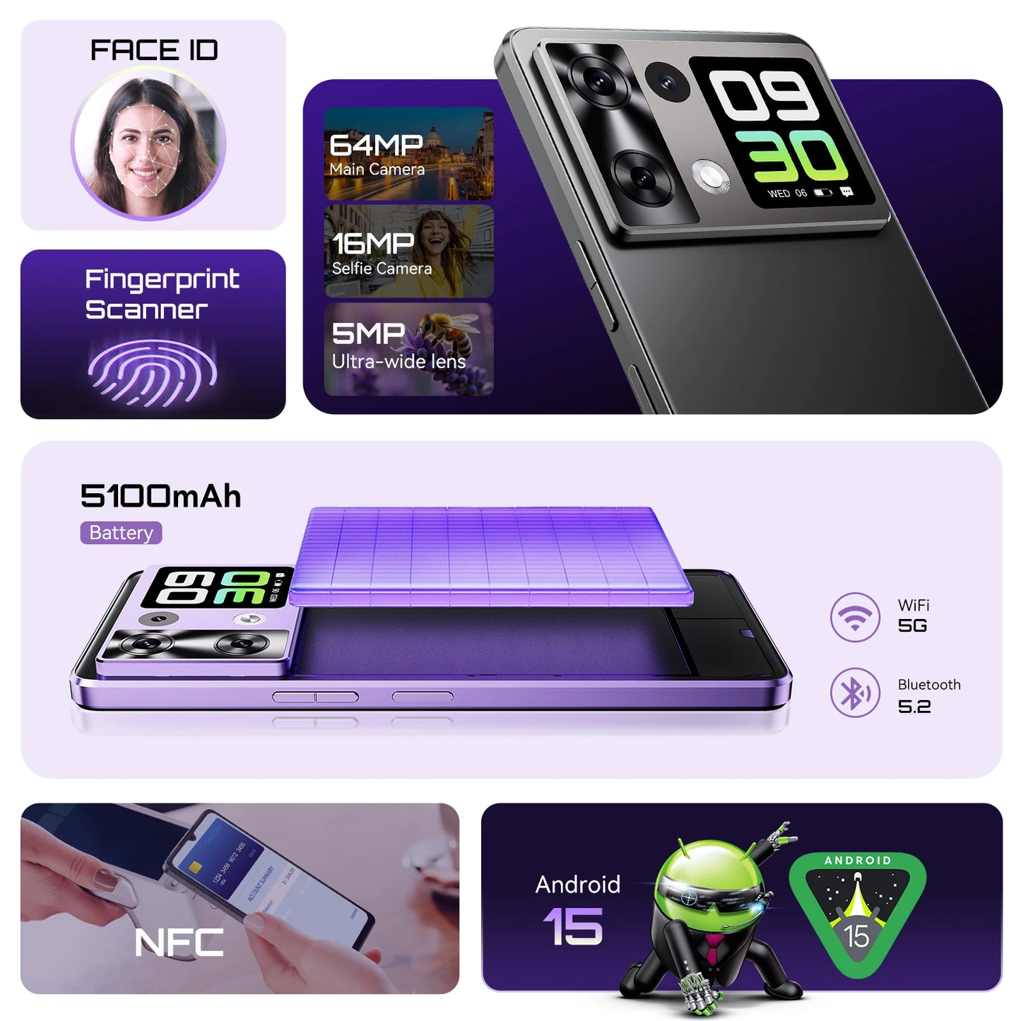 Smartphone Android 15 Cubot P90, 6.88-Inch 120Hz Screen, 24GB RAM+256GB ROM, G100 Octa-core, 2.2GHz, 64MP, 5100mAh,NFC, 4G Phone