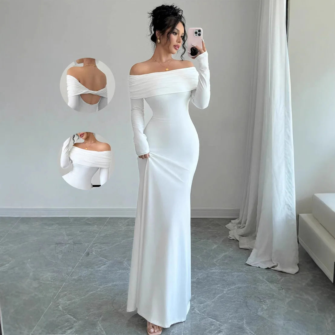 2025 Women Fashion White Wedding Dress Spring Autumn One-shoulder Slim Backless Sexy Hip-pack Dresses Women Robe Femal Vestidos