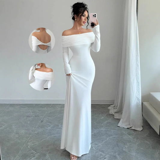 2025 Women Fashion White Wedding Dress Spring Autumn One-shoulder Slim Backless Sexy Hip-pack Dresses Women Robe Femal Vestidos