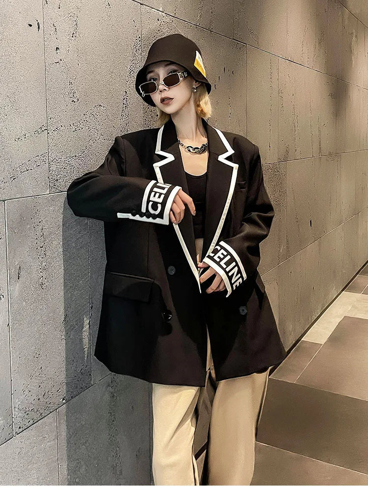 Women Fashion Jacket Wedding Casual Business High Quality Black Blazer Suit Coat Ladies Double Breasted Letter Long Sleeve Tops