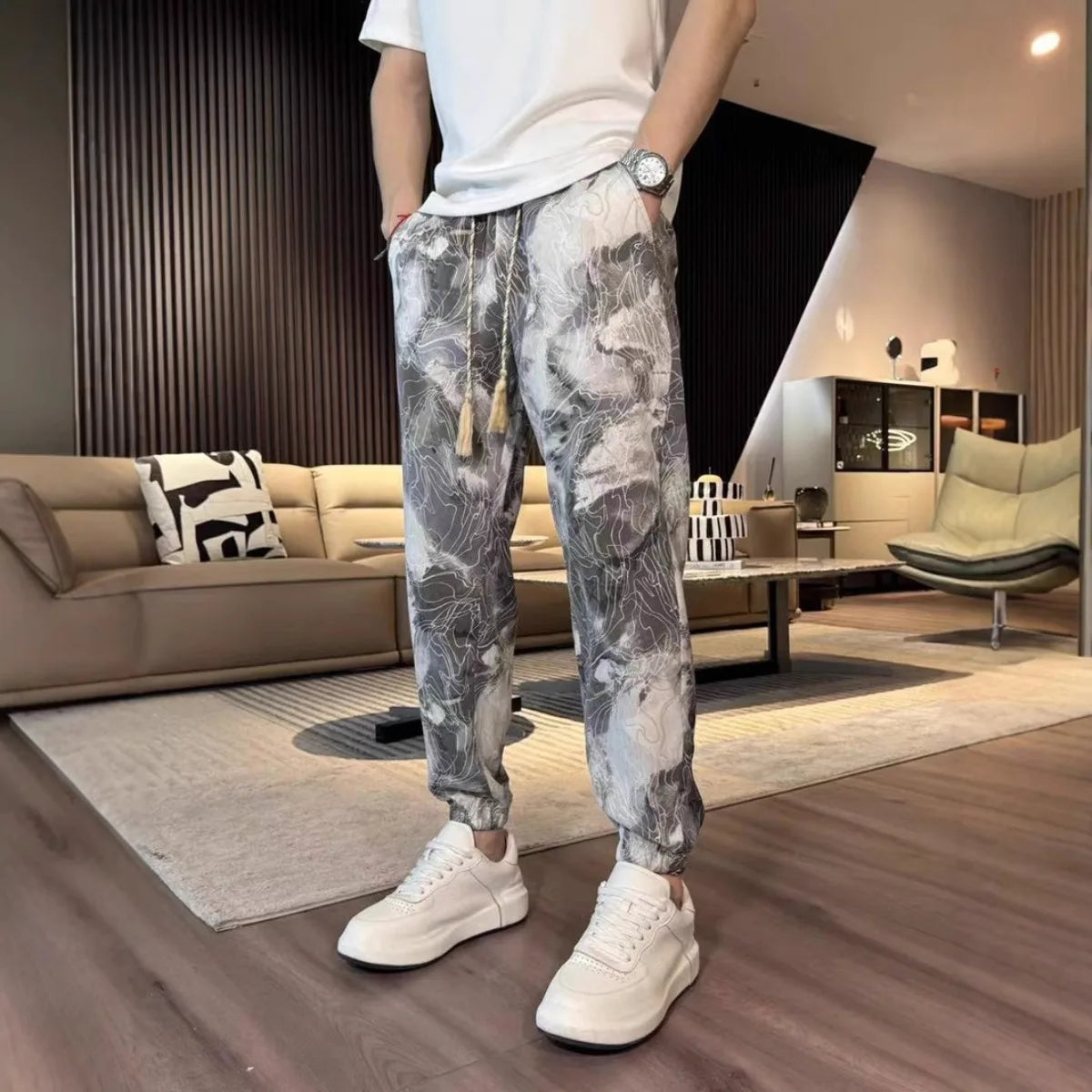 New Fashion  Spring Summer Men's  Straight Casual Pants Fashion Pocket Drawstring Guofeng Printing Breathable  Sports Trousers