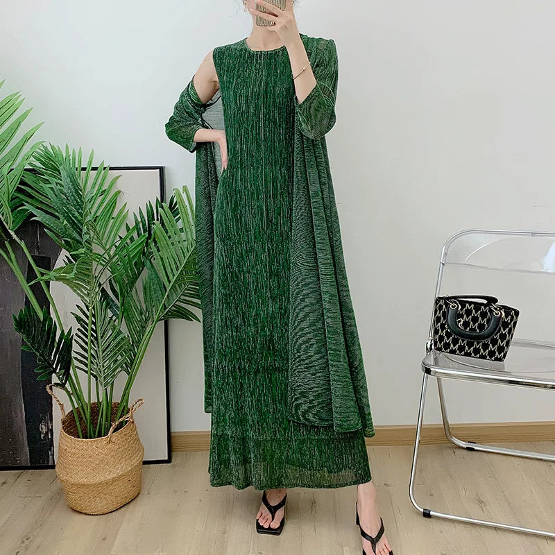 Womens Dresses Fashion 2025 Pleated Clothing Womens 2 Piece Outfit Two Piece Sets Metallic Fabrics Casual Long Dresses