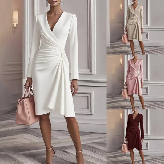 Women's dress spring Autumn New Fashion V Neck Folds white Long Sleeve Office Commuter Party Dresses for women vestidos 2025